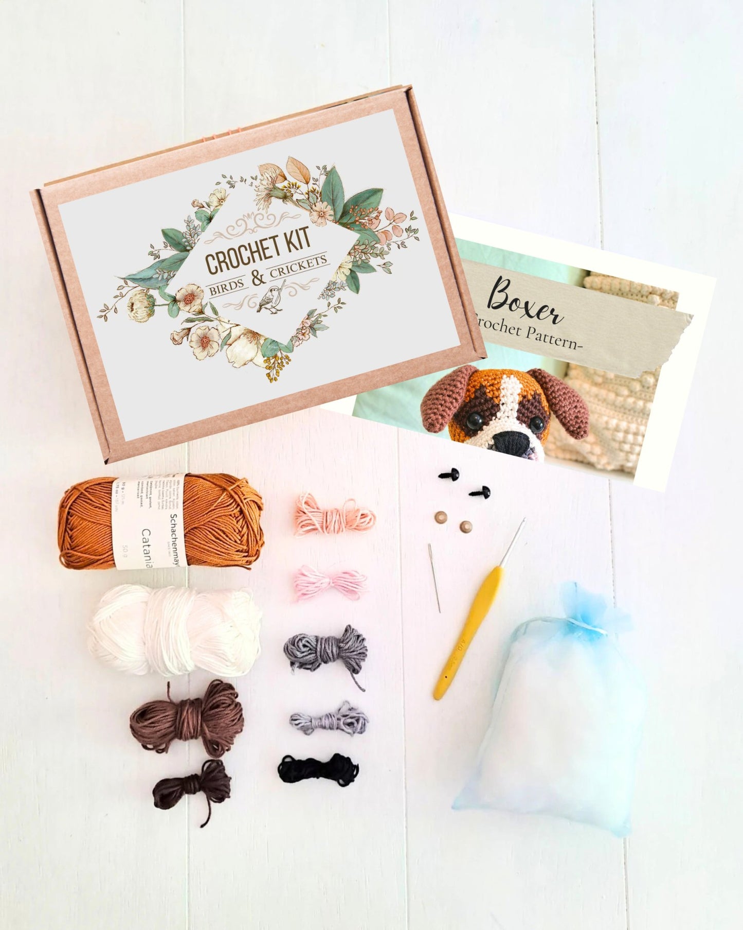 Boxer Pet Plush Crochet Kit - Complete Amigurumi DIY Set - Crochet on a tree