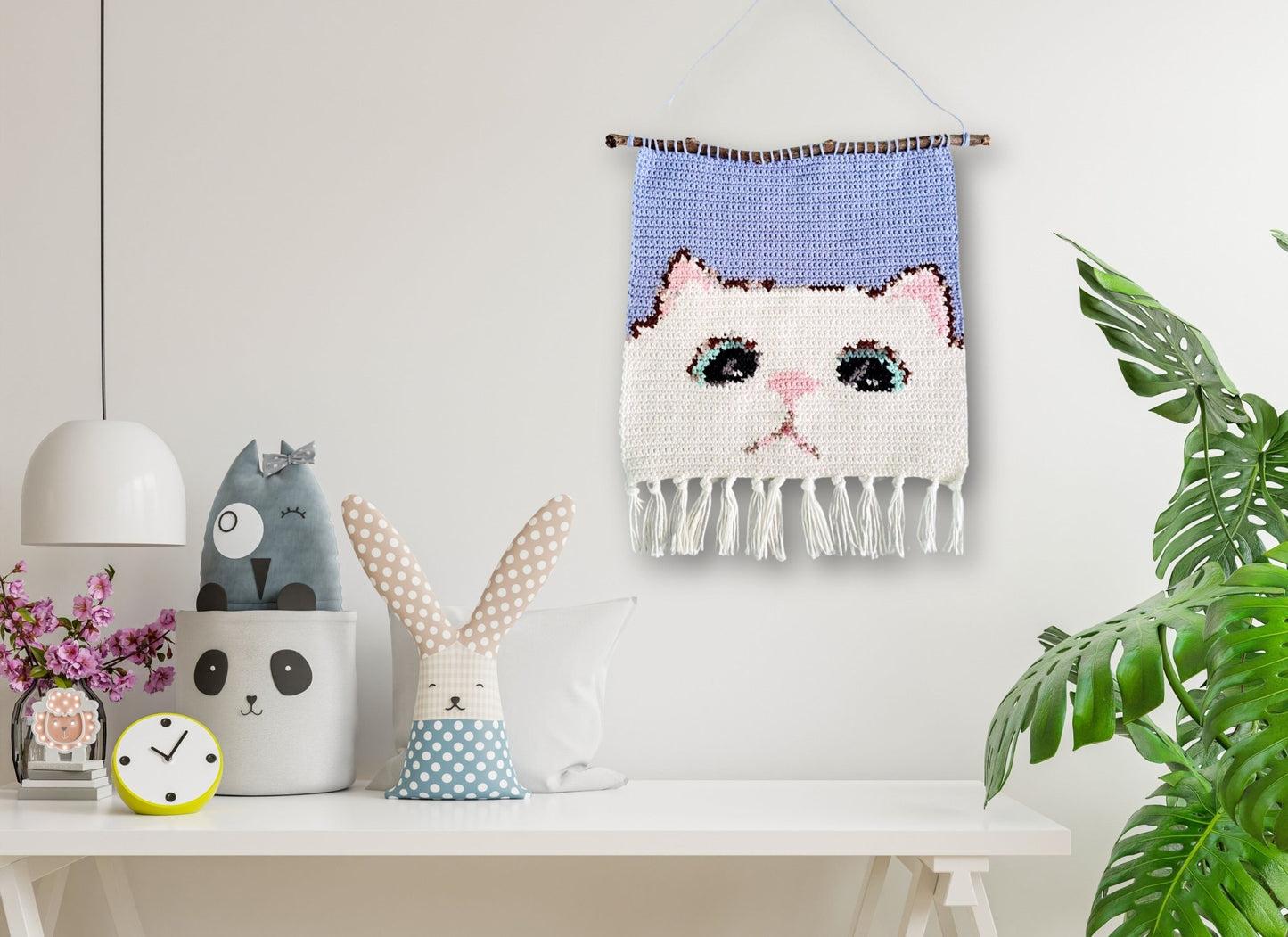 Cat Wall Hanging Decor, Tapestry Crochet Cotton Wall Hanging, Home decor - Crochet on a tree