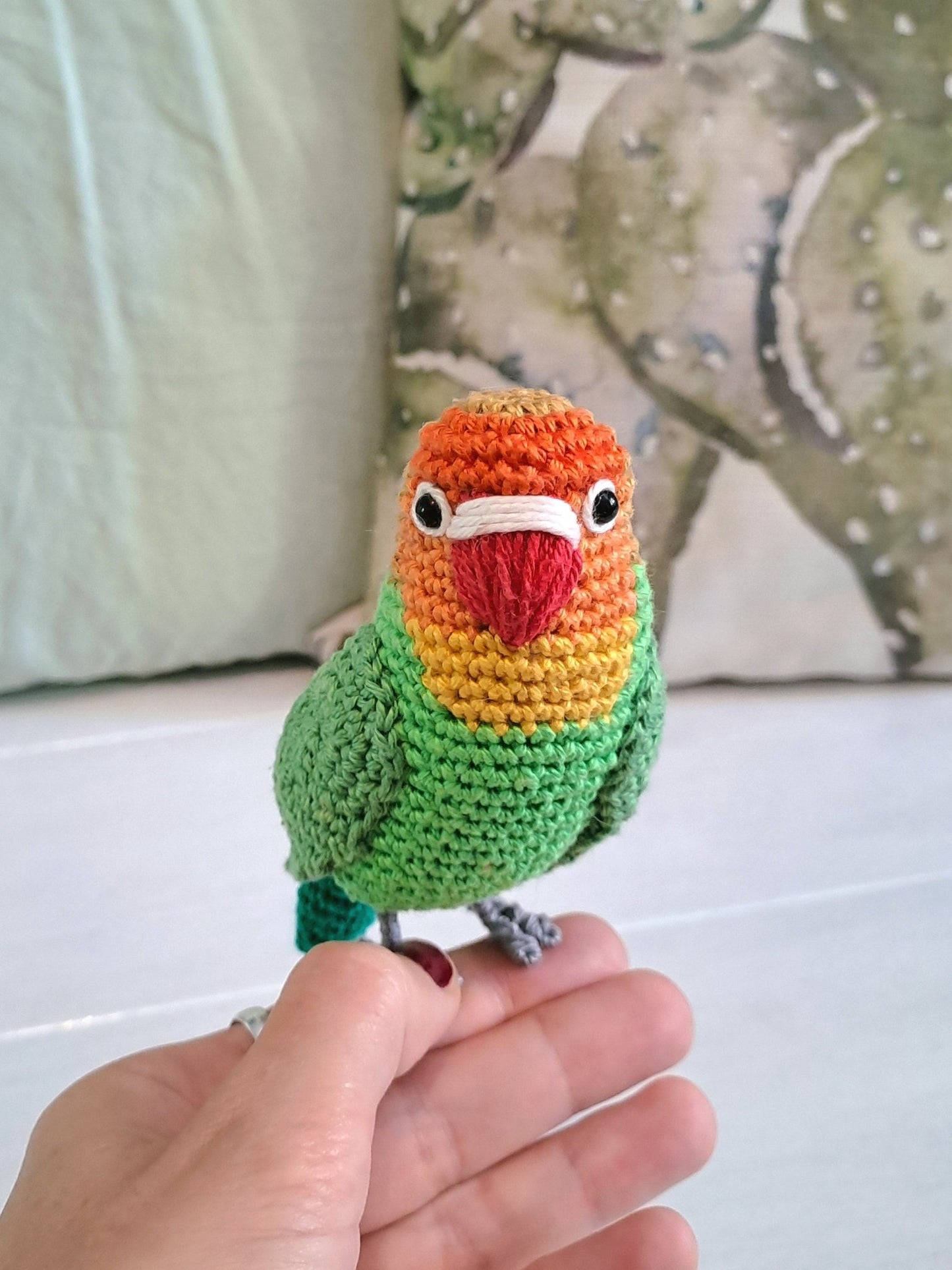 Crochet Fischer's Lovebird plush toy, budgie lover gift, pet loss parrot - Crochet on a tree