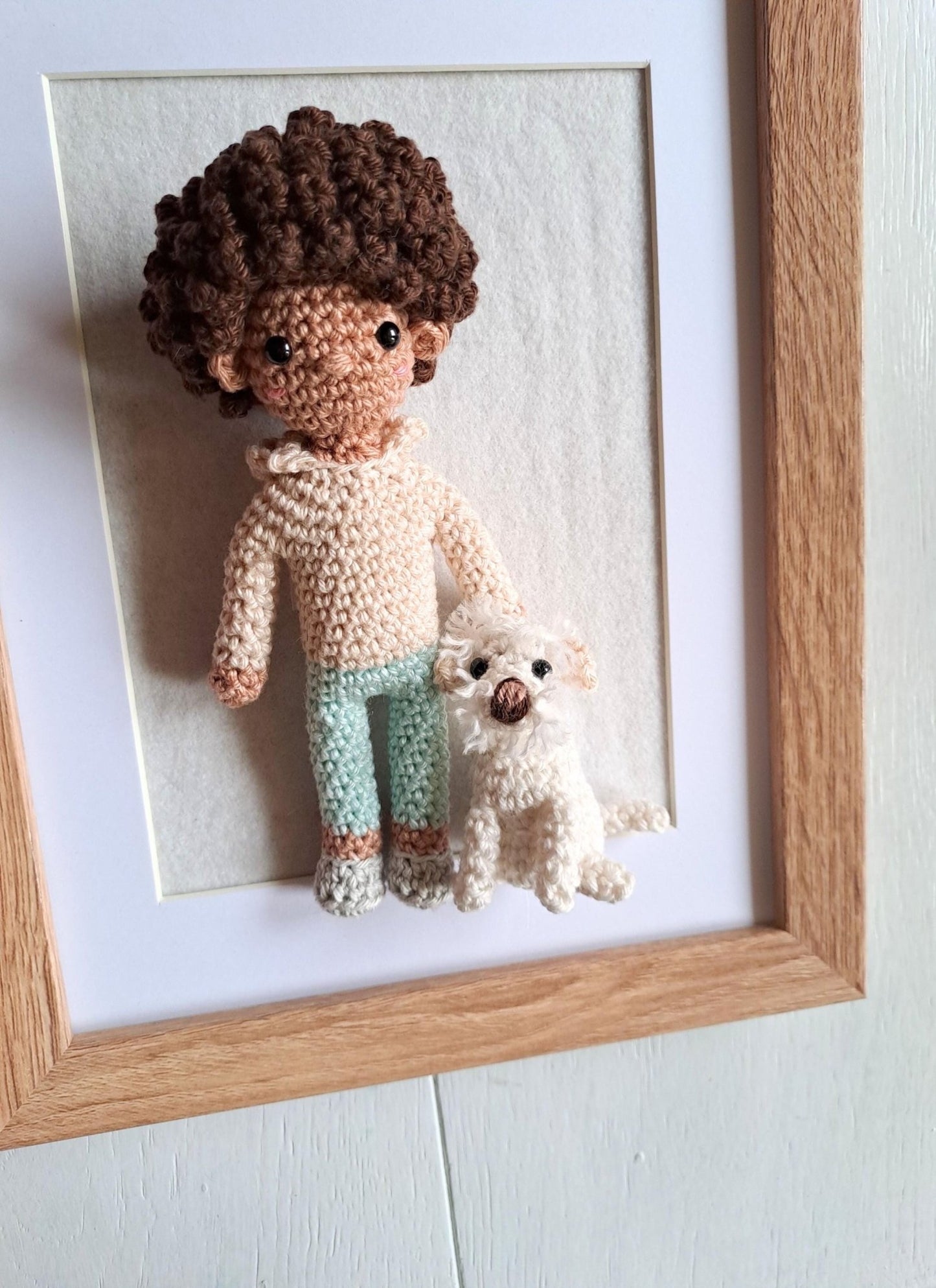 Handmade Crochet Pet and Owner Portrait Art in Frame - Crochet on a tree