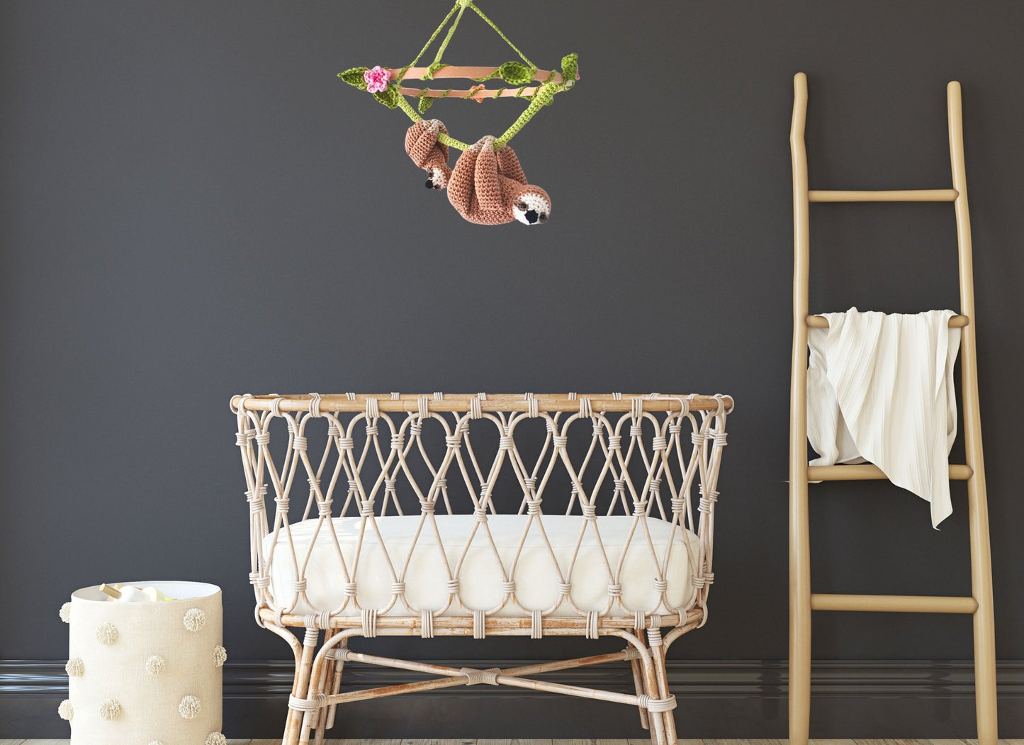 Sloth baby mobile with flowers, floral nursery decor - Crochet on a tree