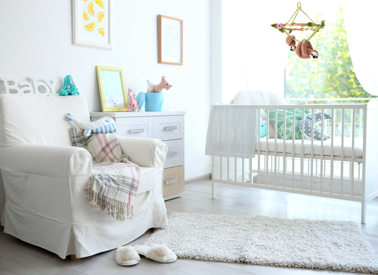 Stuffed sloth baby nursery mobile - Crochet on a tree