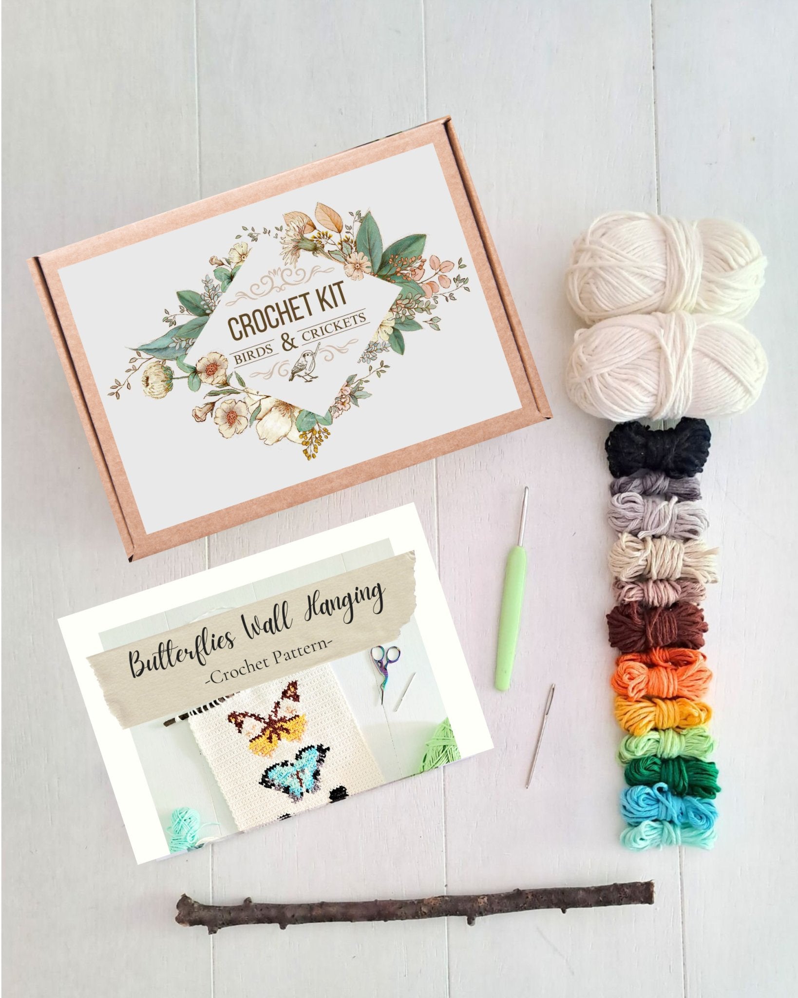 Vintage Butterflies Tapestry Wall Hanging Crochet Kit - Complete Crochet DIY Set with supplies - Crochet on a tree