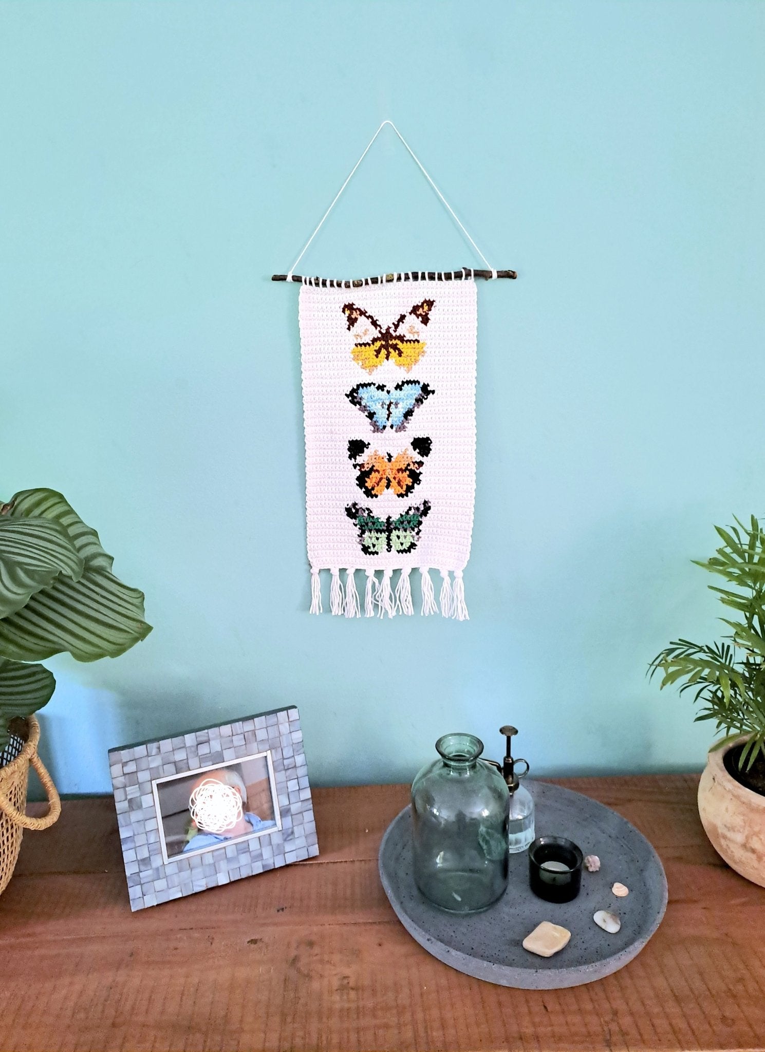 Vintage Butterflies Tapestry Wall Hanging Crochet Kit - Complete Crochet DIY Set with supplies - Crochet on a tree