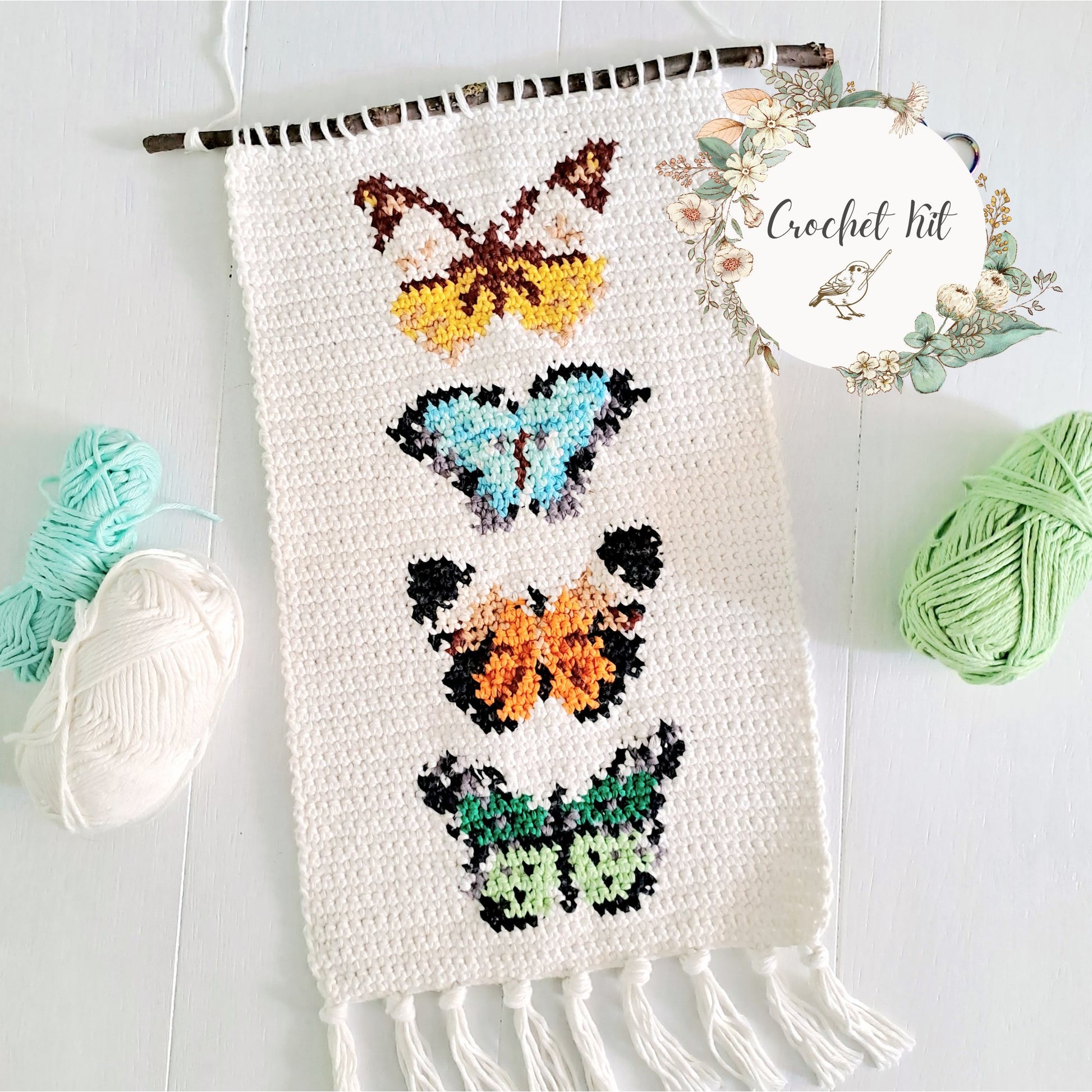 Vintage Butterflies Tapestry Wall Hanging Crochet Kit - Complete Crochet DIY Set with supplies - Crochet on a tree