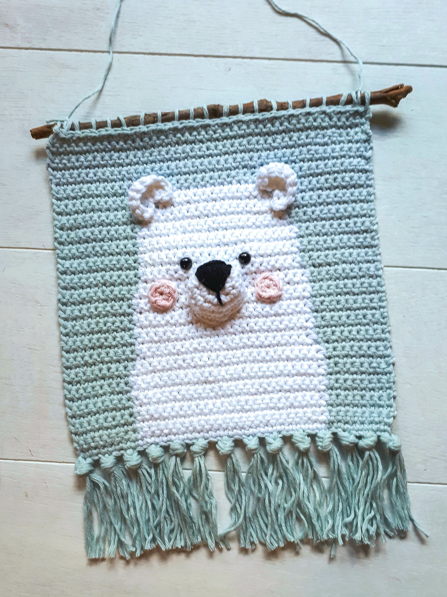 Polar bear nusery wall decor, crochet cotton wall hanging
