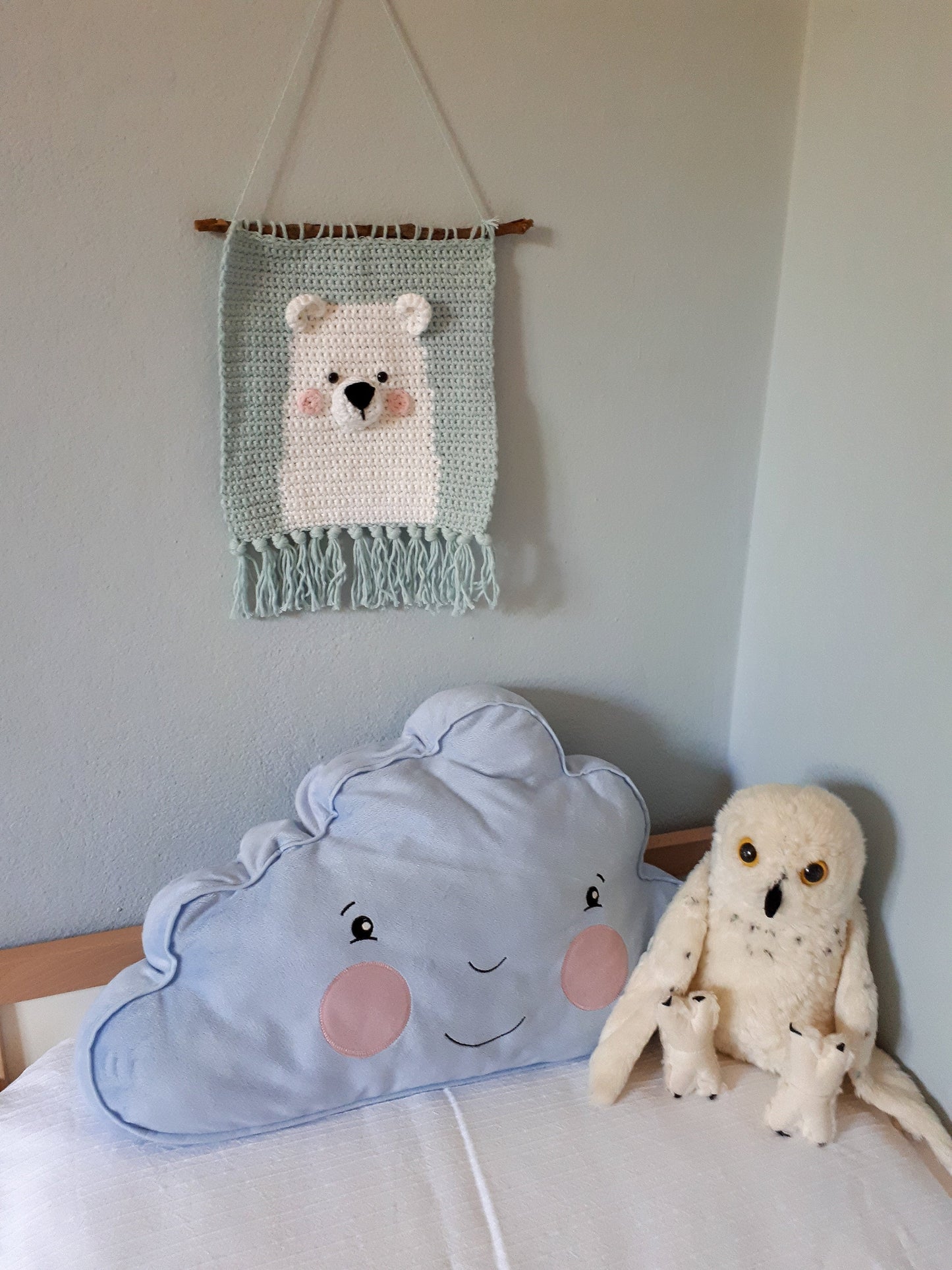 Polar bear nusery wall decor, crochet cotton wall hanging