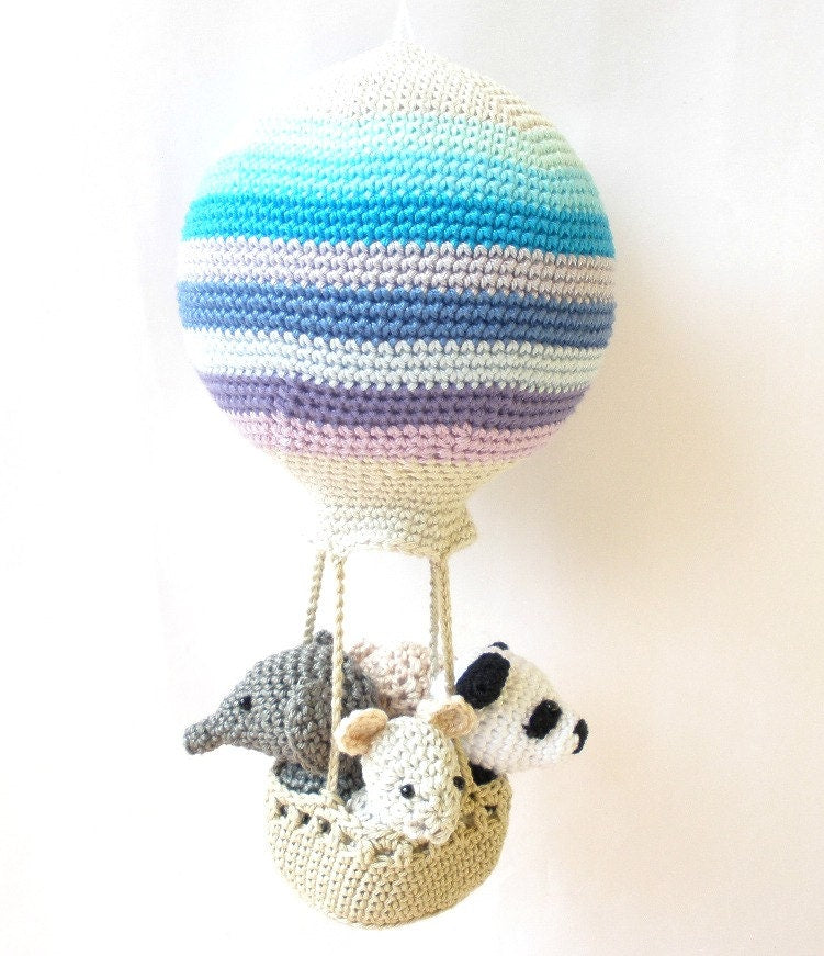 Hot air balloon decoration with crochet animals