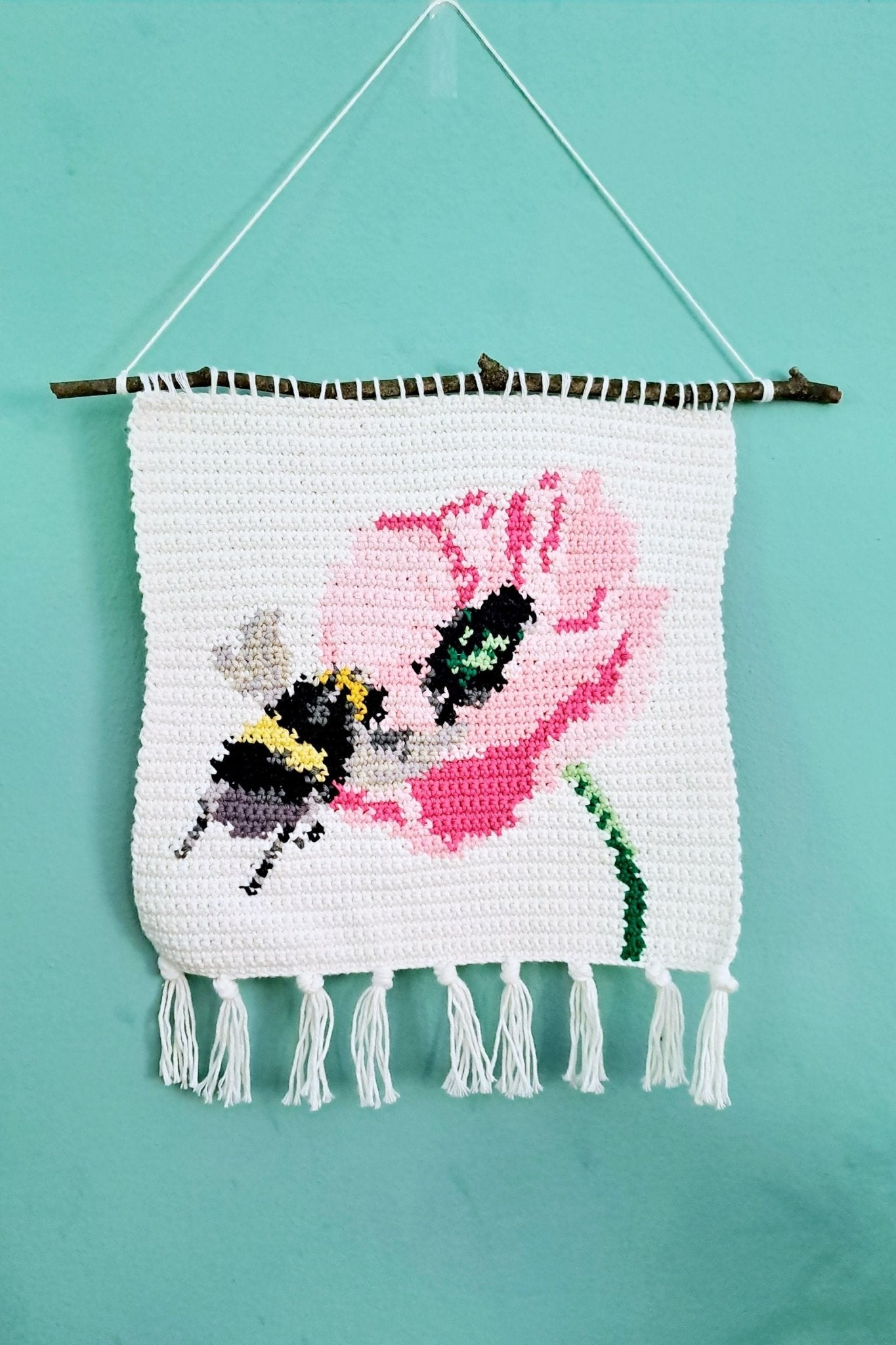 Bee on a Flower Tapestry Wall Hanging Crochet Kit - Complete Crochet DIY Set with supplies - Crochet on a tree