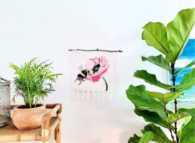 Bee on a Flower Tapestry Wall Hanging Crochet Kit - Complete Crochet DIY Set with supplies - Crochet on a tree