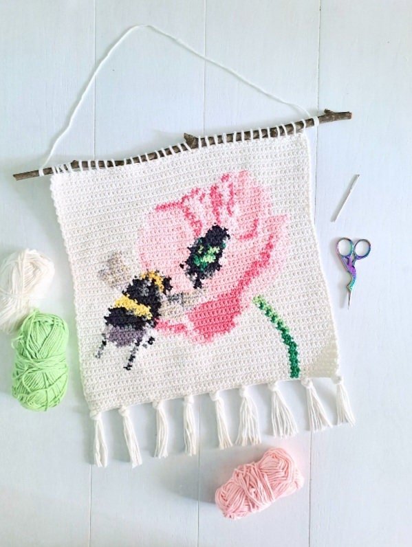 Bee on a Flower Tapestry Wall Hanging Crochet Kit - Complete Crochet DIY Set with supplies - Crochet on a tree