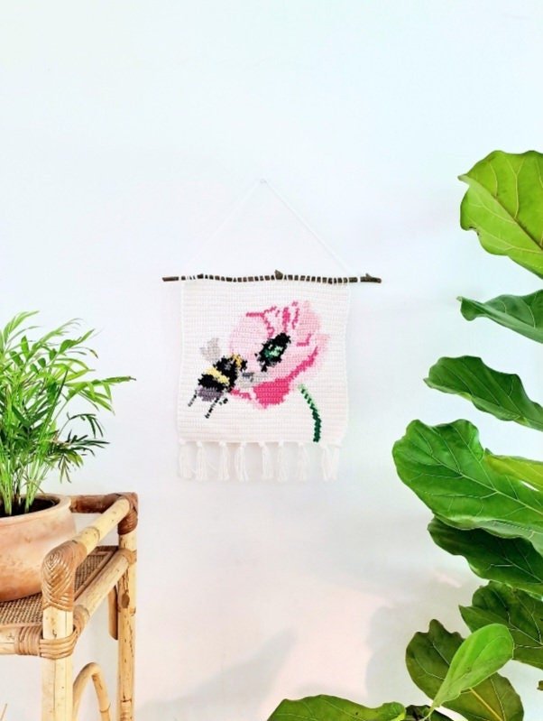 Bee on a Flower Tapestry Wall Hanging Crochet Kit - Complete Crochet DIY Set with supplies - Crochet on a tree