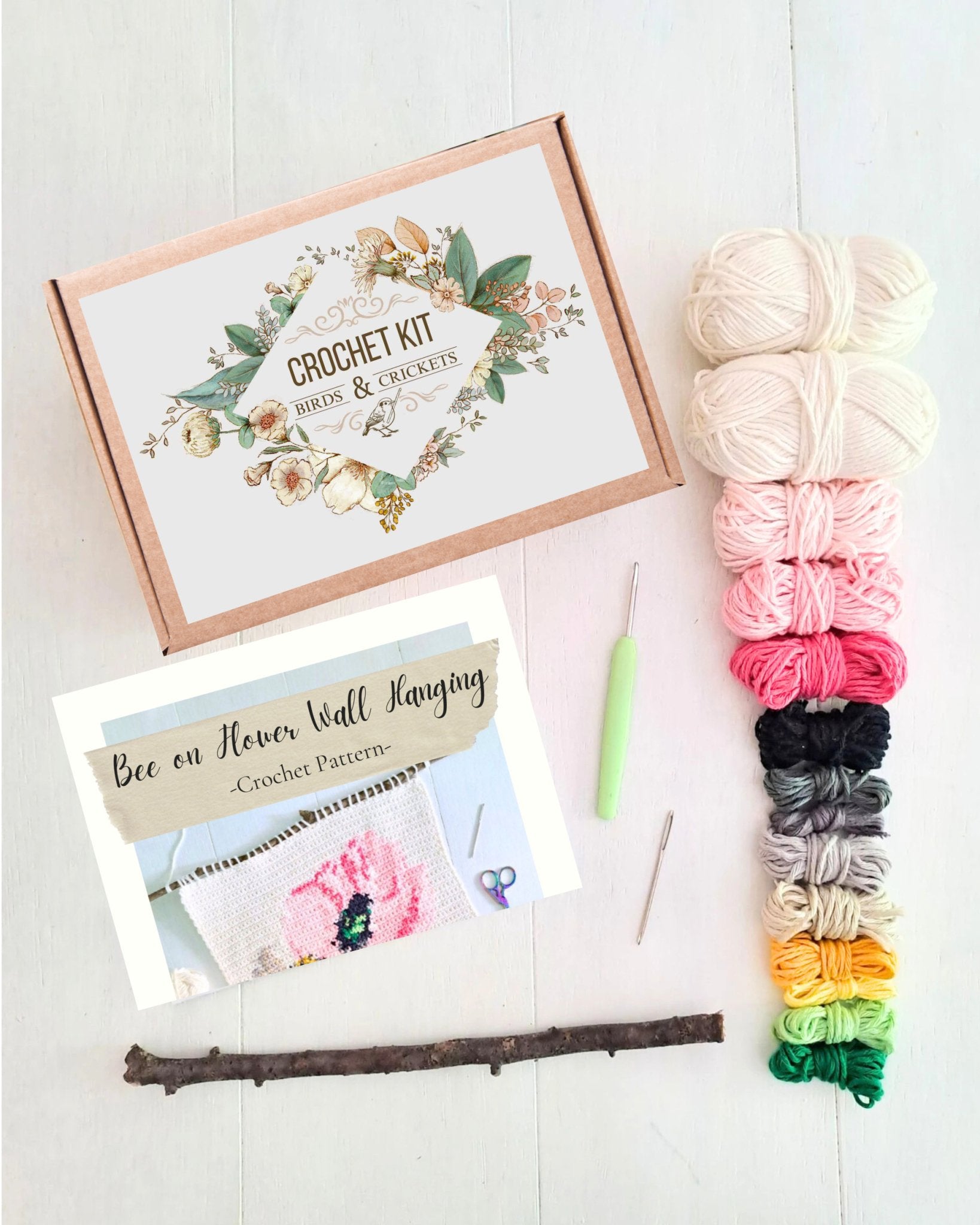 Bee on a Flower Tapestry Wall Hanging Crochet Kit - Complete Crochet DIY Set with supplies - Crochet on a tree