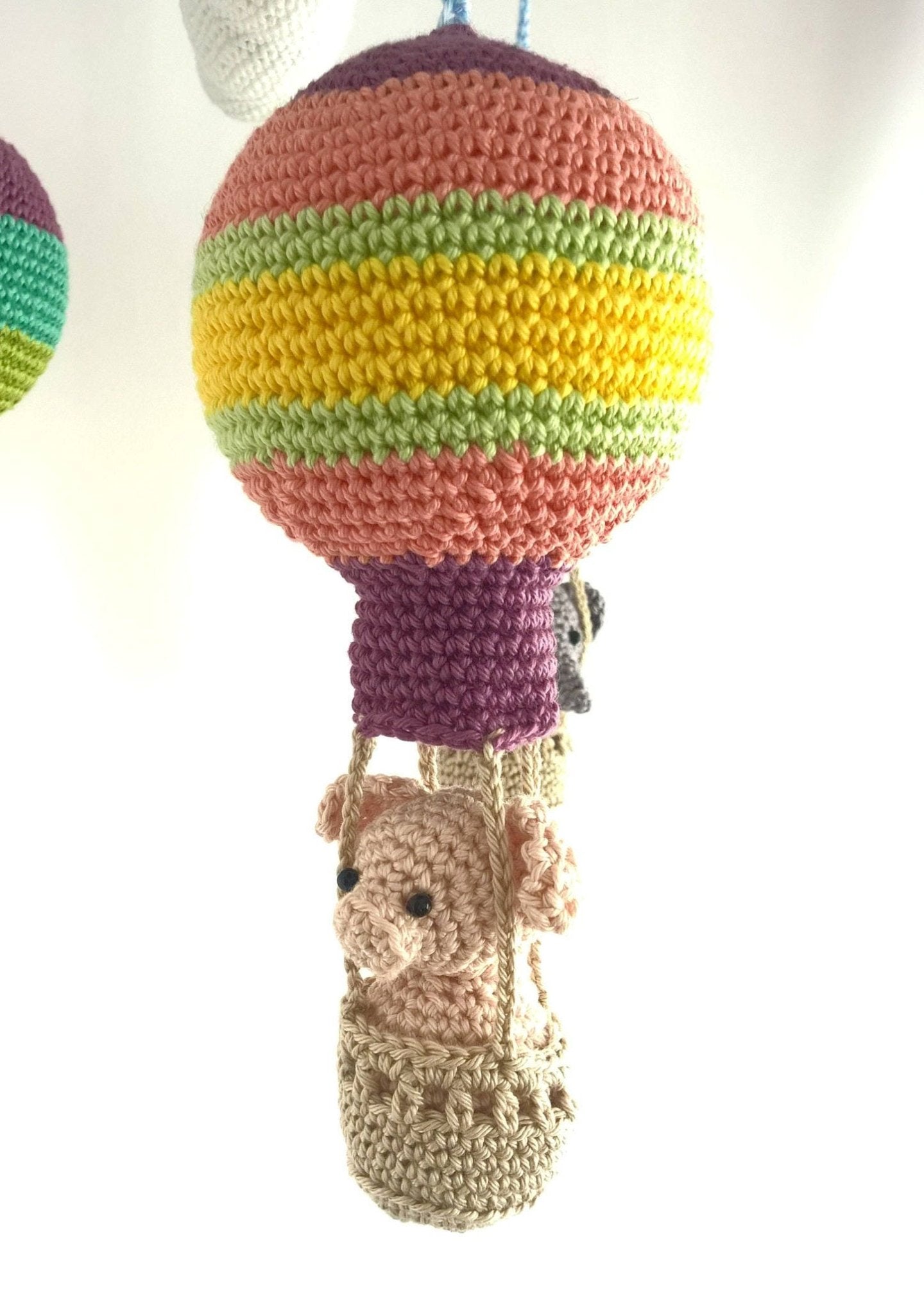 Colorful striped hot air balloon baby mobile - Crochet on a tree