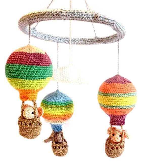 Colorful striped hot air balloon baby mobile - Crochet on a tree