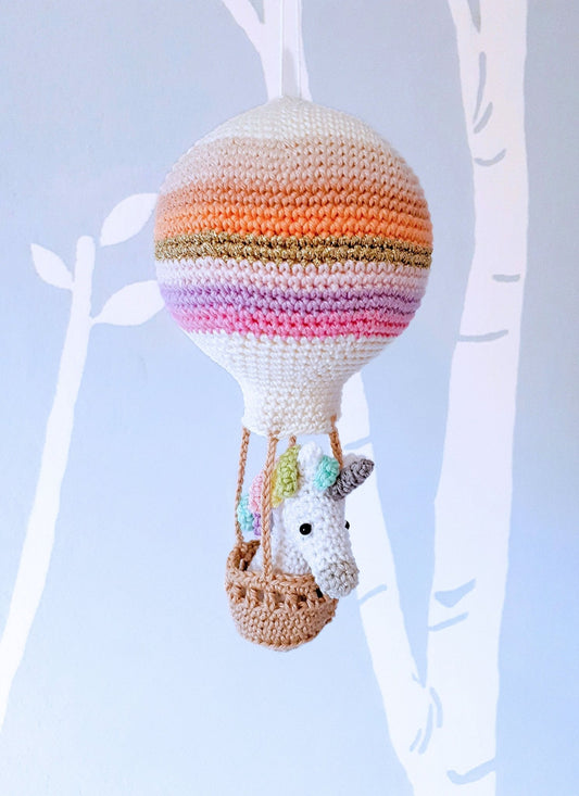 Crochet pattern amigurumi unicorn in a hot air balloon - Crochet on a tree