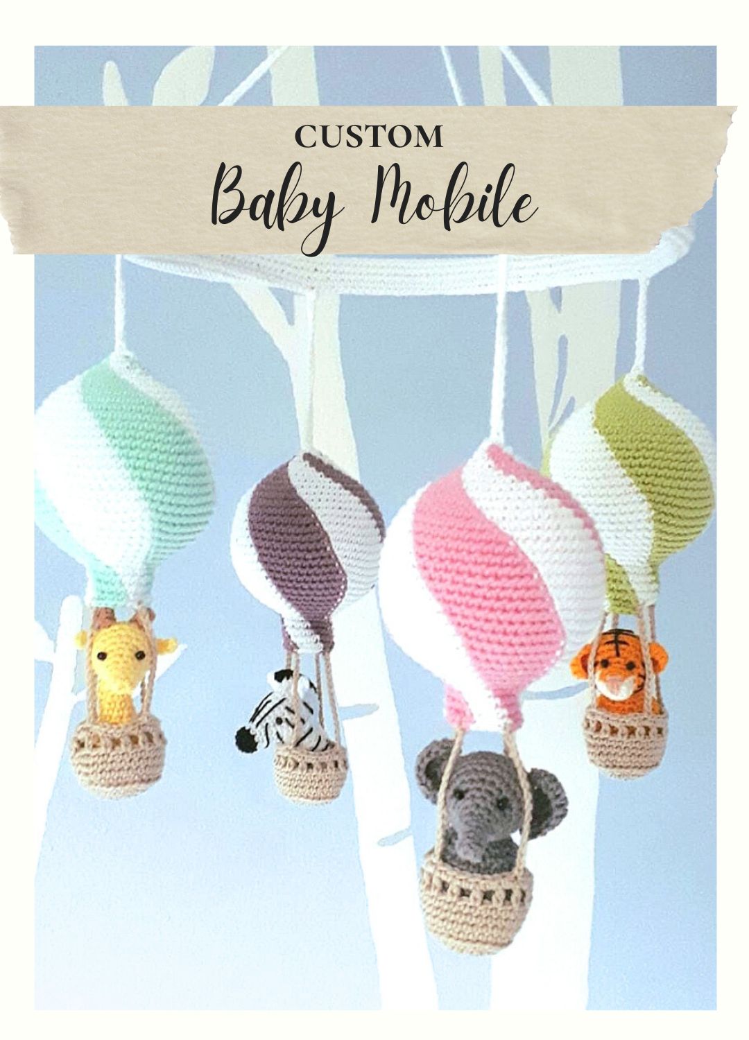 Custom hot air balloon baby mobile, personalized nursery decor - Crochet on a tree