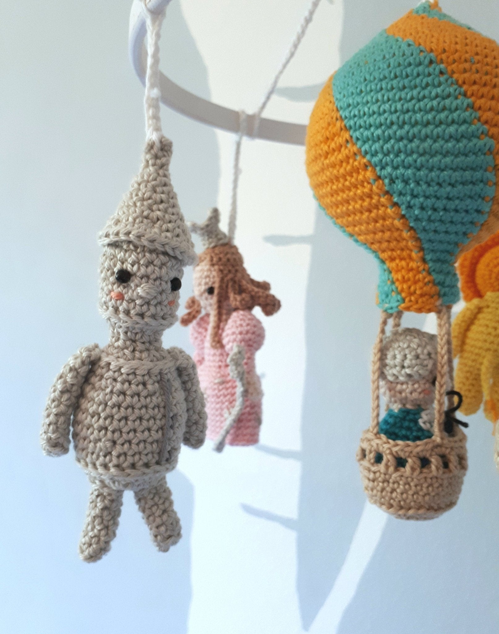 Fairytale Wizard of Oz crib mobile with hot air balloon - Crochet on a tree