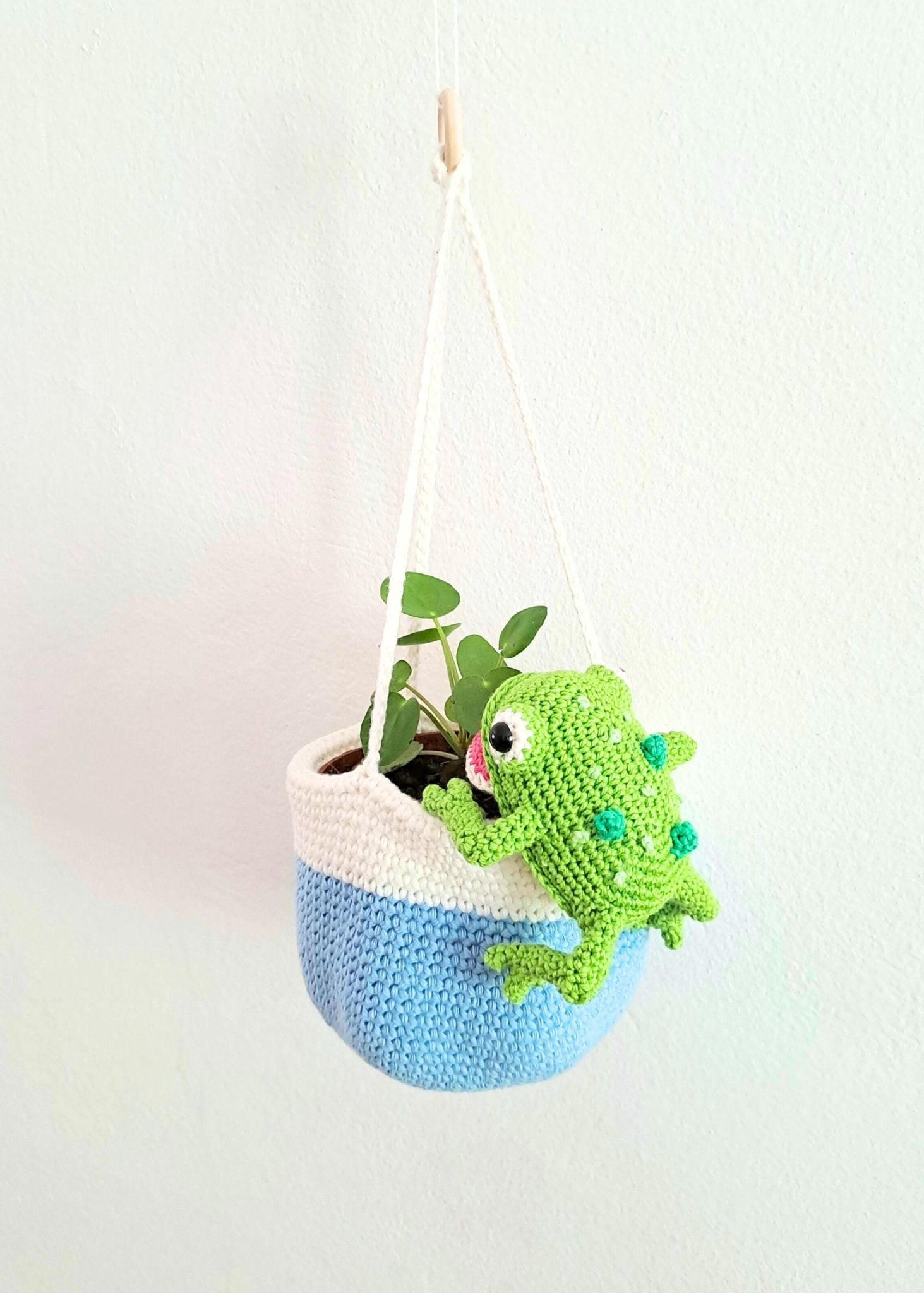 Frog Hanging Planter Crochet Pattern - Cute Frog Amigurumi Plant Holder - PDF Download - Crochet on a tree