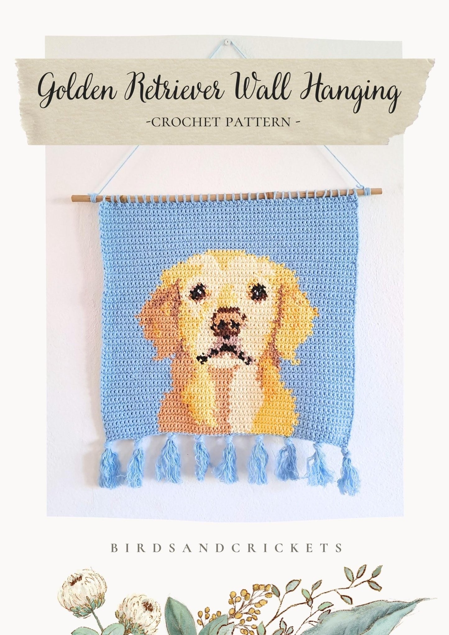 Golden Retriever Crochet Pattern - Tapestry Crochet Dog Wall Hanging - Crochet on a tree