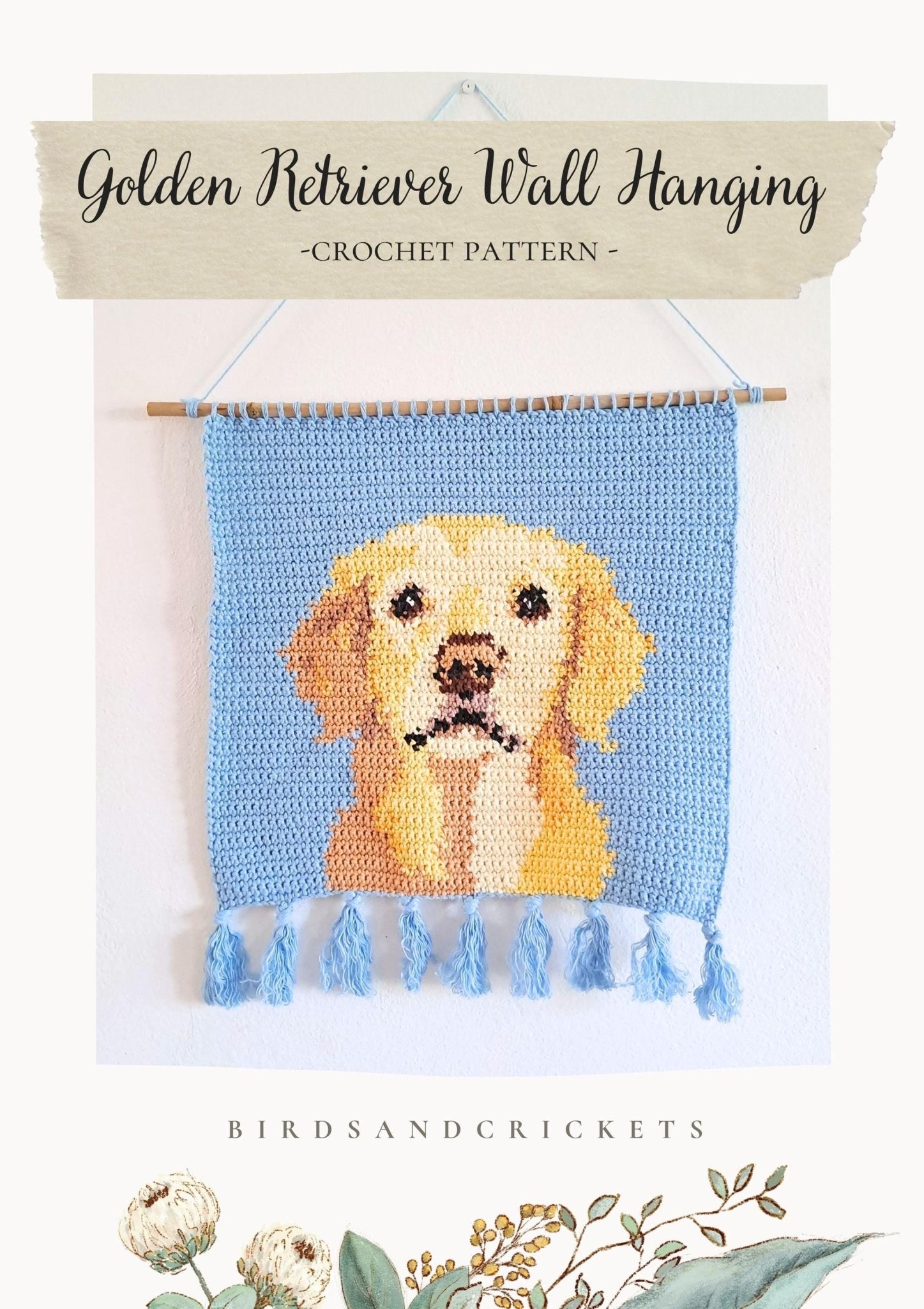 Golden Retriever Crochet Pattern - Tapestry Crochet Dog Wall Hanging - Crochet on a tree