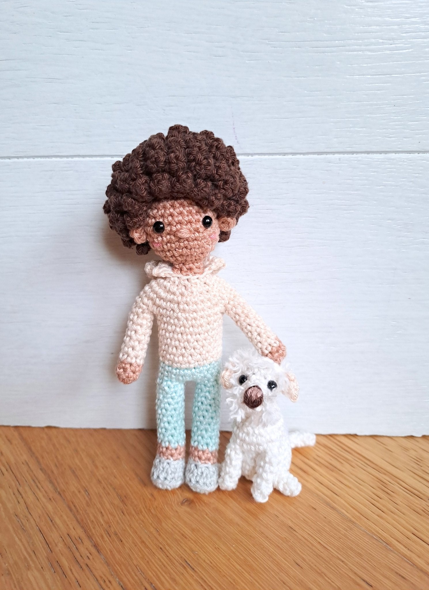 Handmade Crochet Pet and Owner Portrait Art in Frame - Crochet on a tree