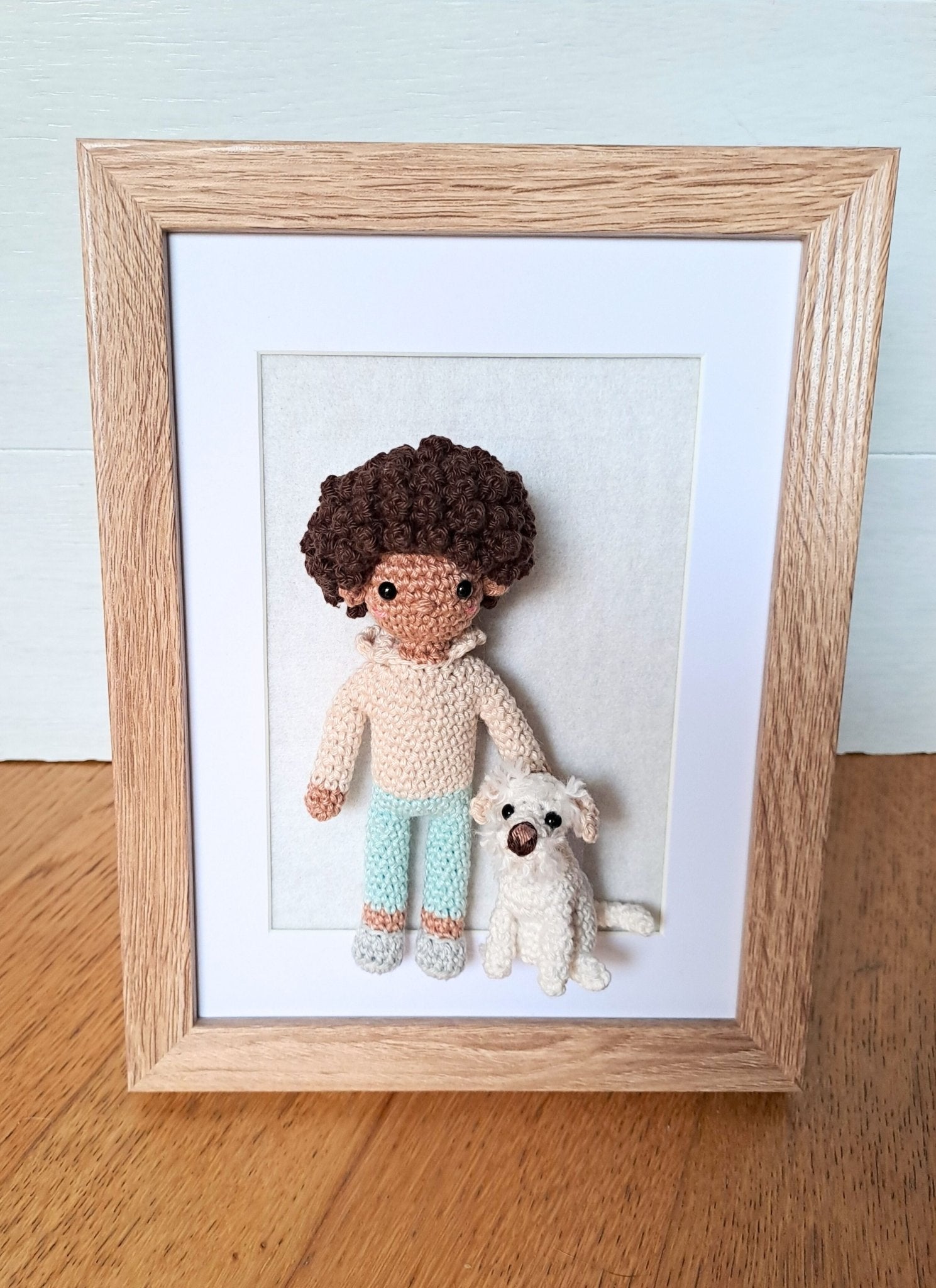 Handmade Crochet Pet and Owner Portrait Art in Frame - Crochet on a tree