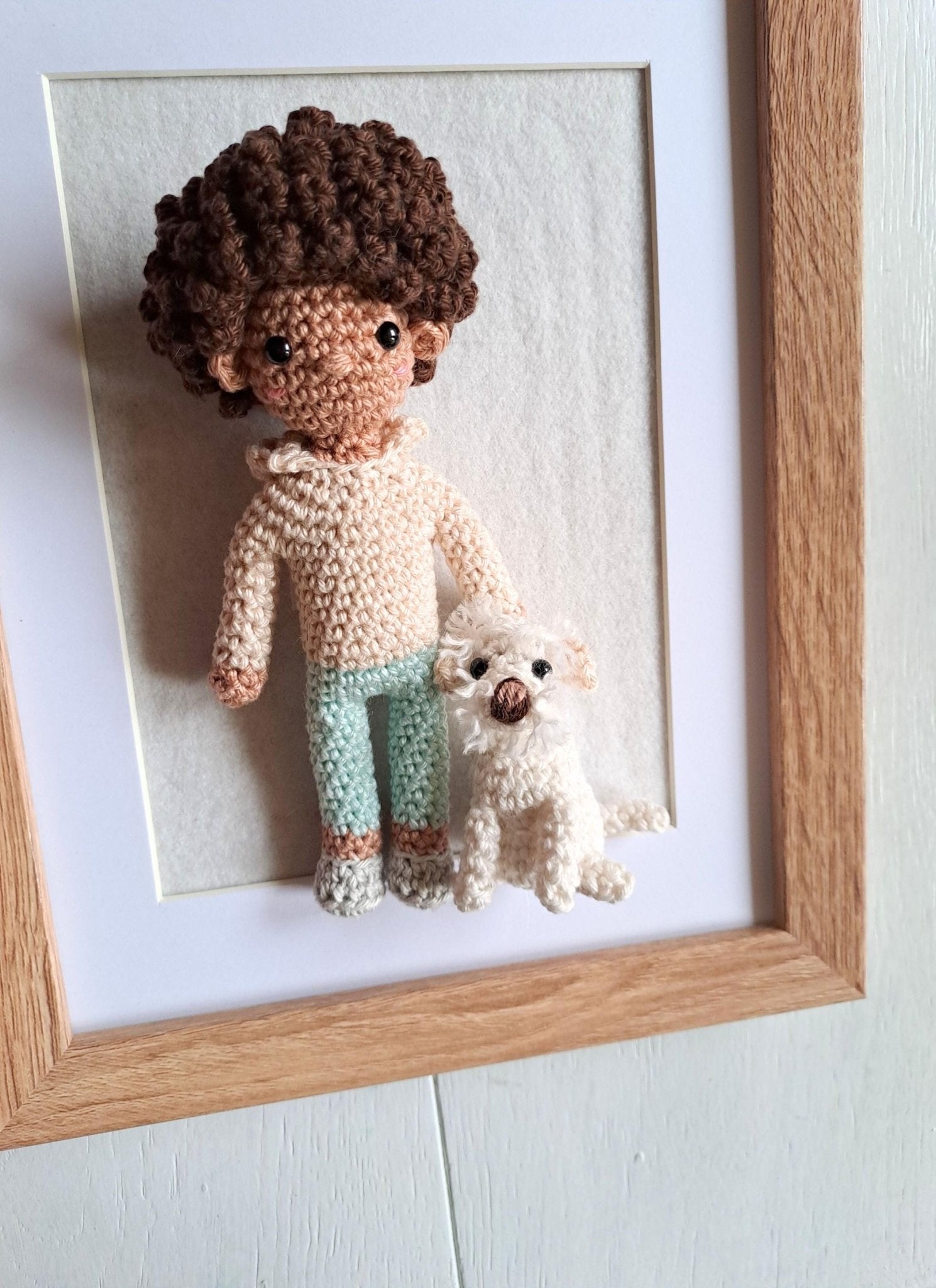 Handmade Crochet Pet and Owner Portrait Art in Frame - Crochet on a tree