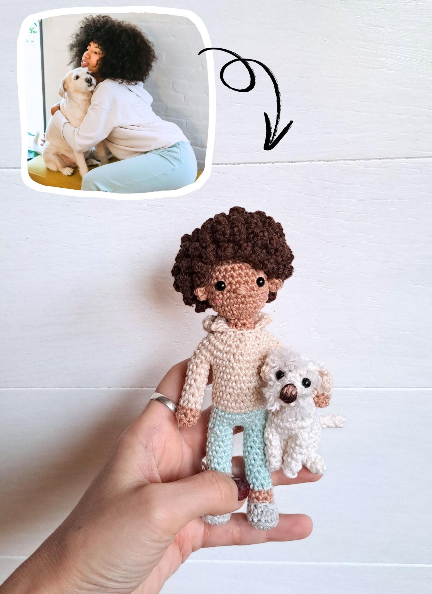 Handmade Crochet Pet and Owner Portrait Art in Frame - Crochet on a tree