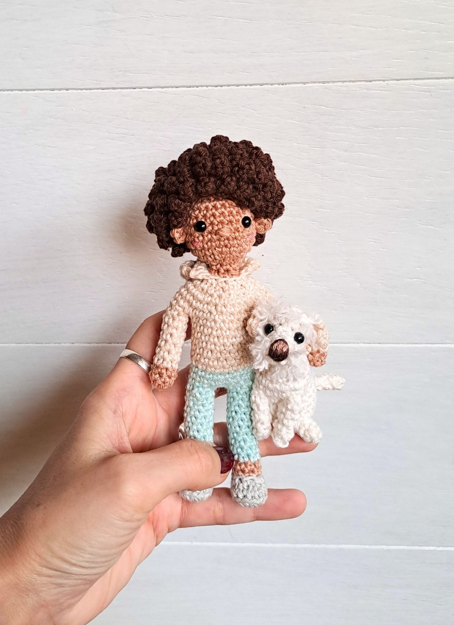 Handmade Crochet Pet and Owner Portrait Art in Frame - Crochet on a tree
