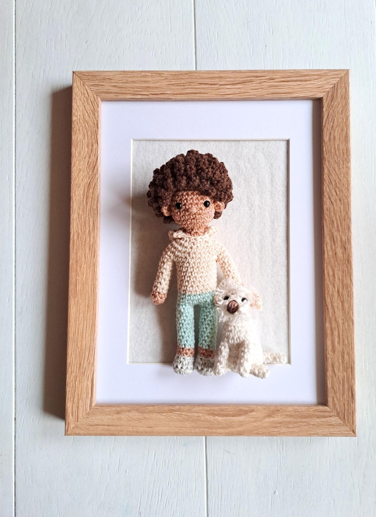 Handmade Crochet Pet and Owner Portrait Art in Frame - Crochet on a tree