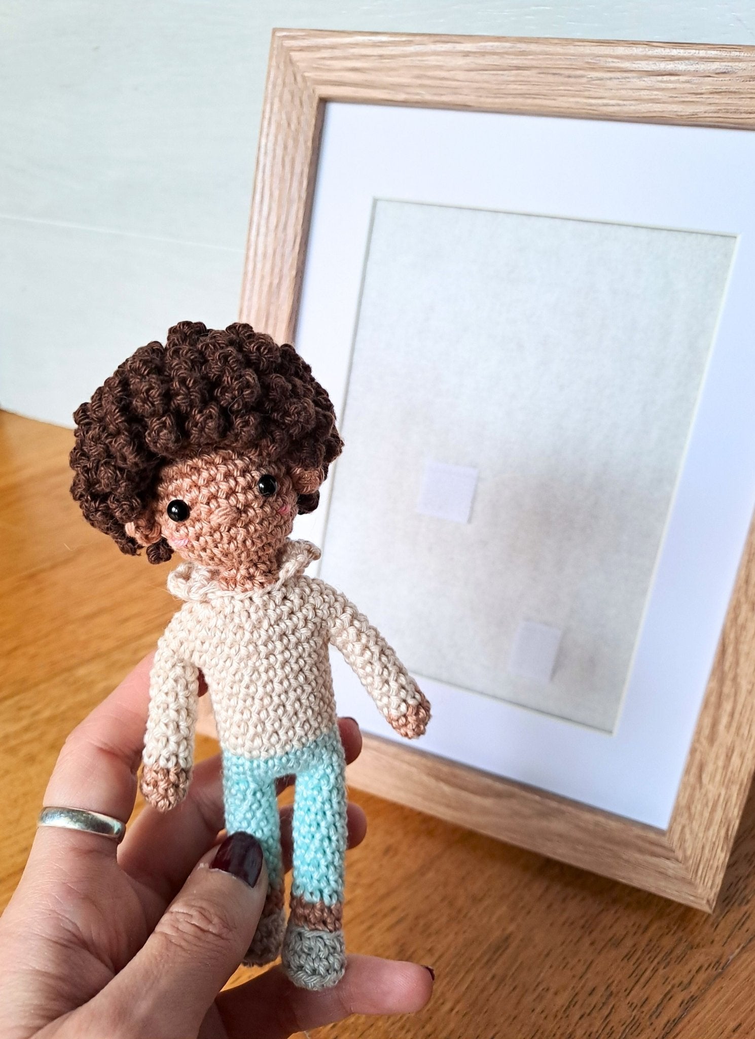 Handmade Crochet Pet and Owner Portrait Art in Frame - Crochet on a tree