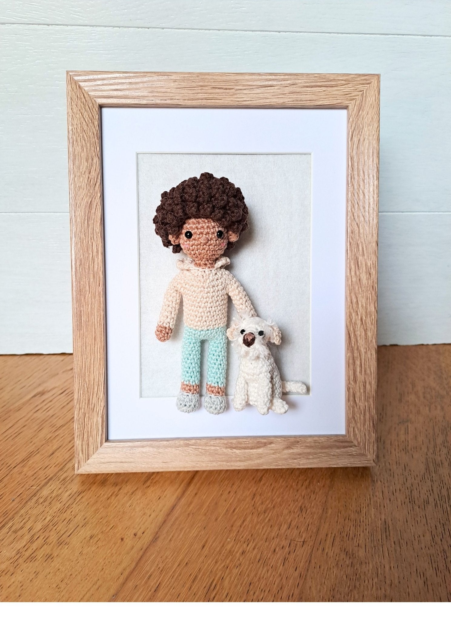 Handmade Crochet Pet and Owner Portrait Art in Frame - Crochet on a tree
