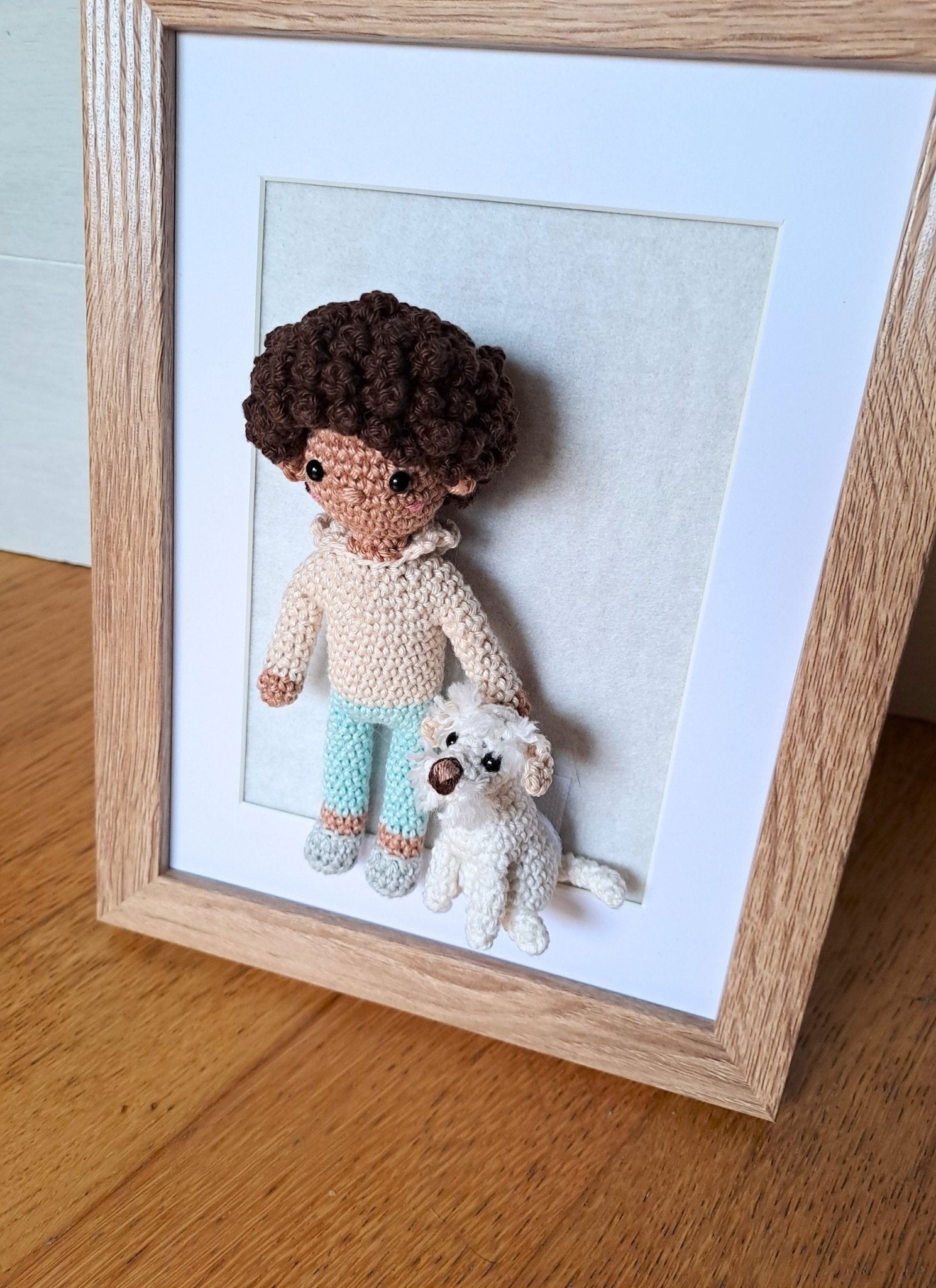 Handmade Crochet Pet and Owner Portrait Art in Frame - Crochet on a tree