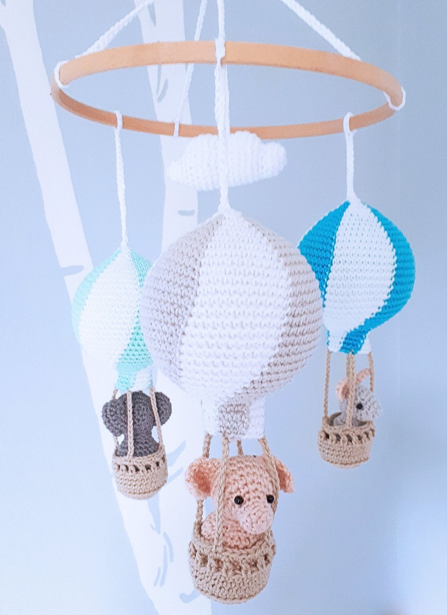 Travel theme hot air balloon baby mobile - Crochet on a tree