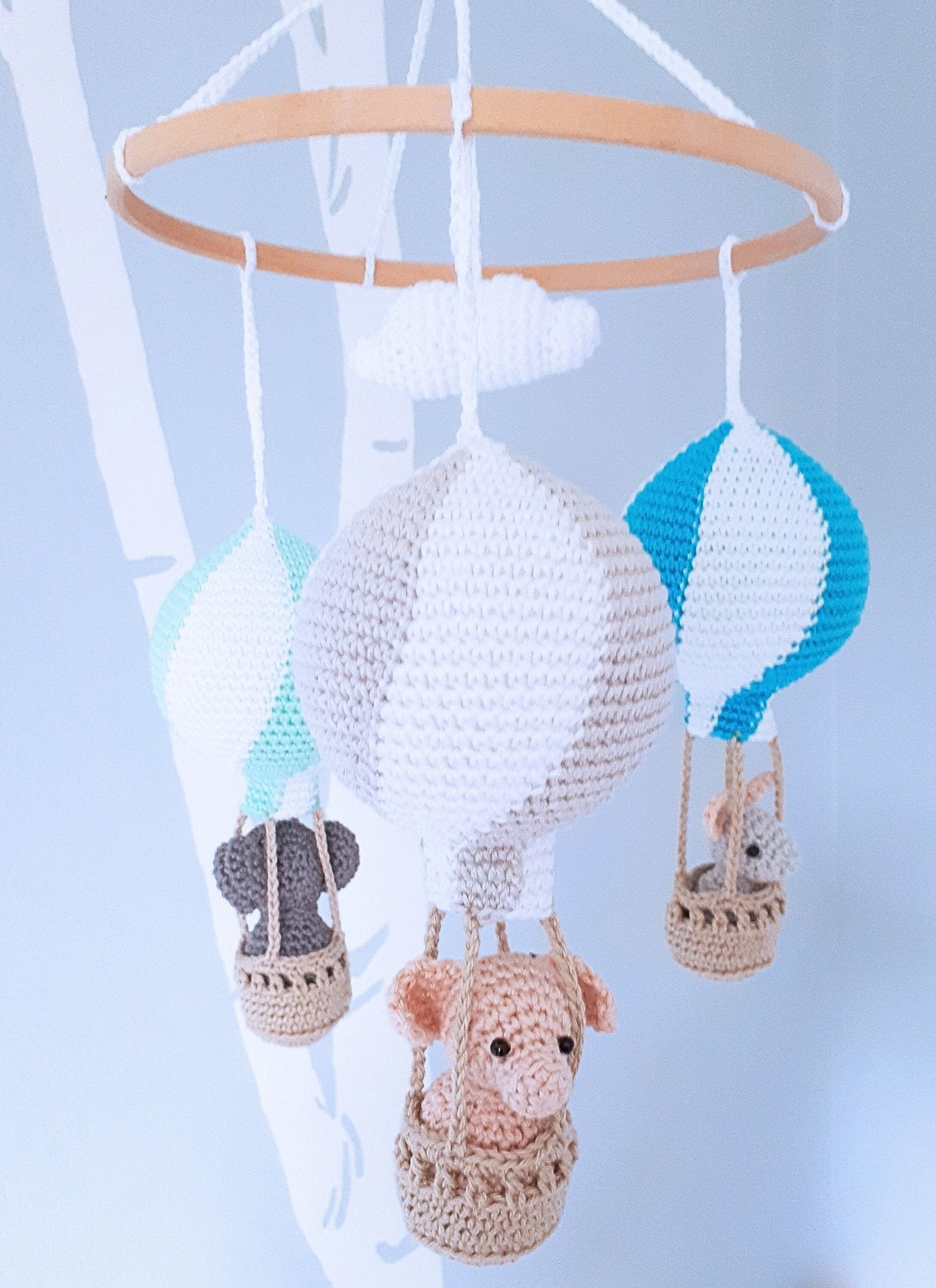 Travel theme hot air balloon baby mobile - Crochet on a tree