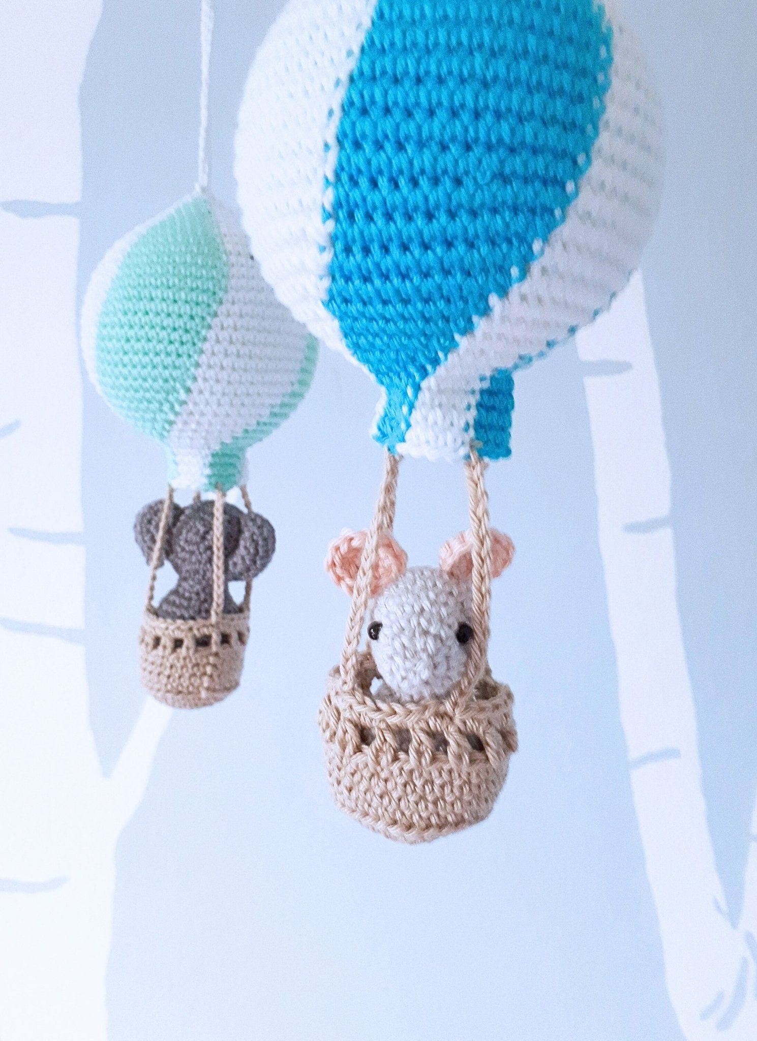 Travel theme hot air balloon baby mobile - Crochet on a tree