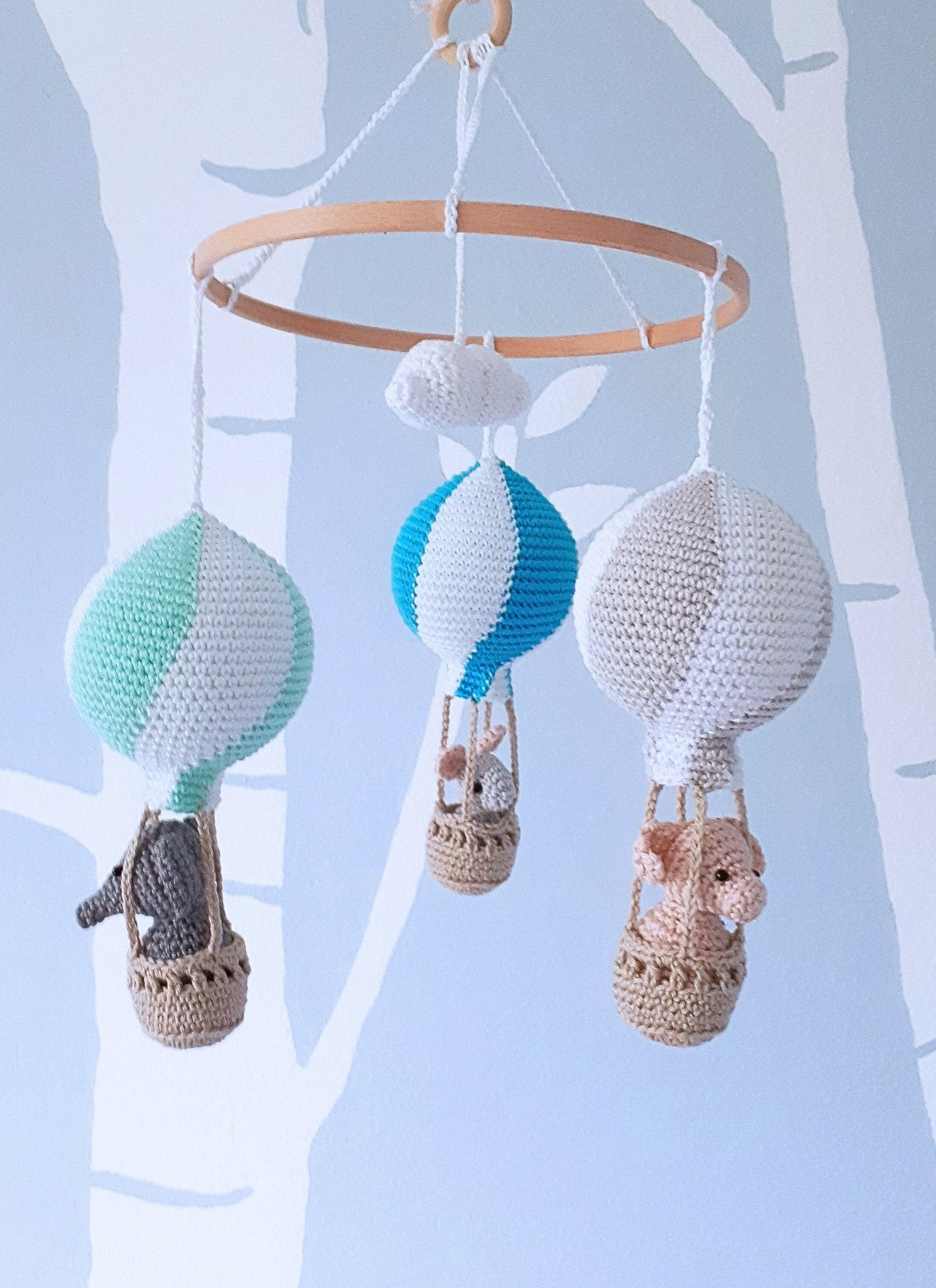 Travel theme hot air balloon baby mobile - Crochet on a tree