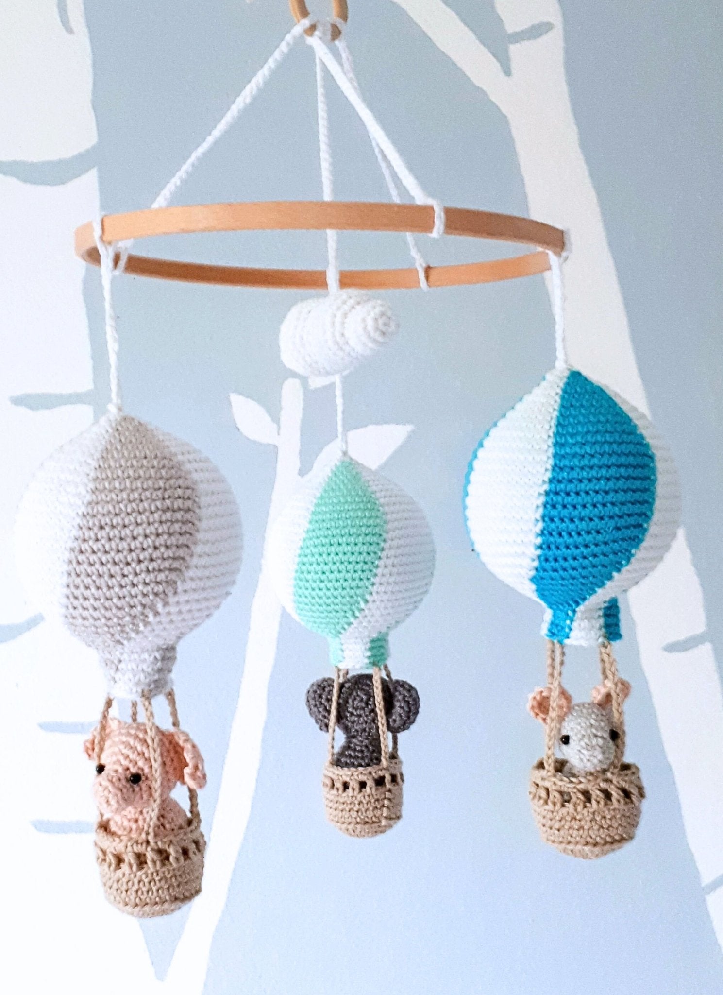 Travel theme hot air balloon baby mobile - Crochet on a tree