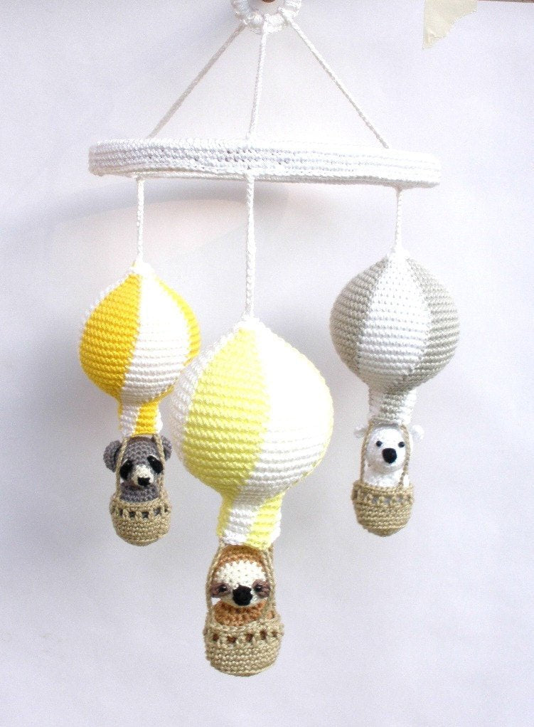 Yellow and gray hot air balloon baby mobile - Crochet on a tree