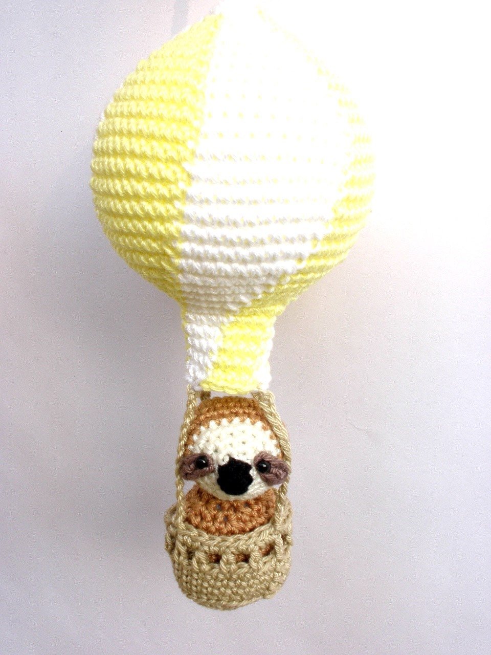 Yellow and gray hot air balloon baby mobile - Crochet on a tree