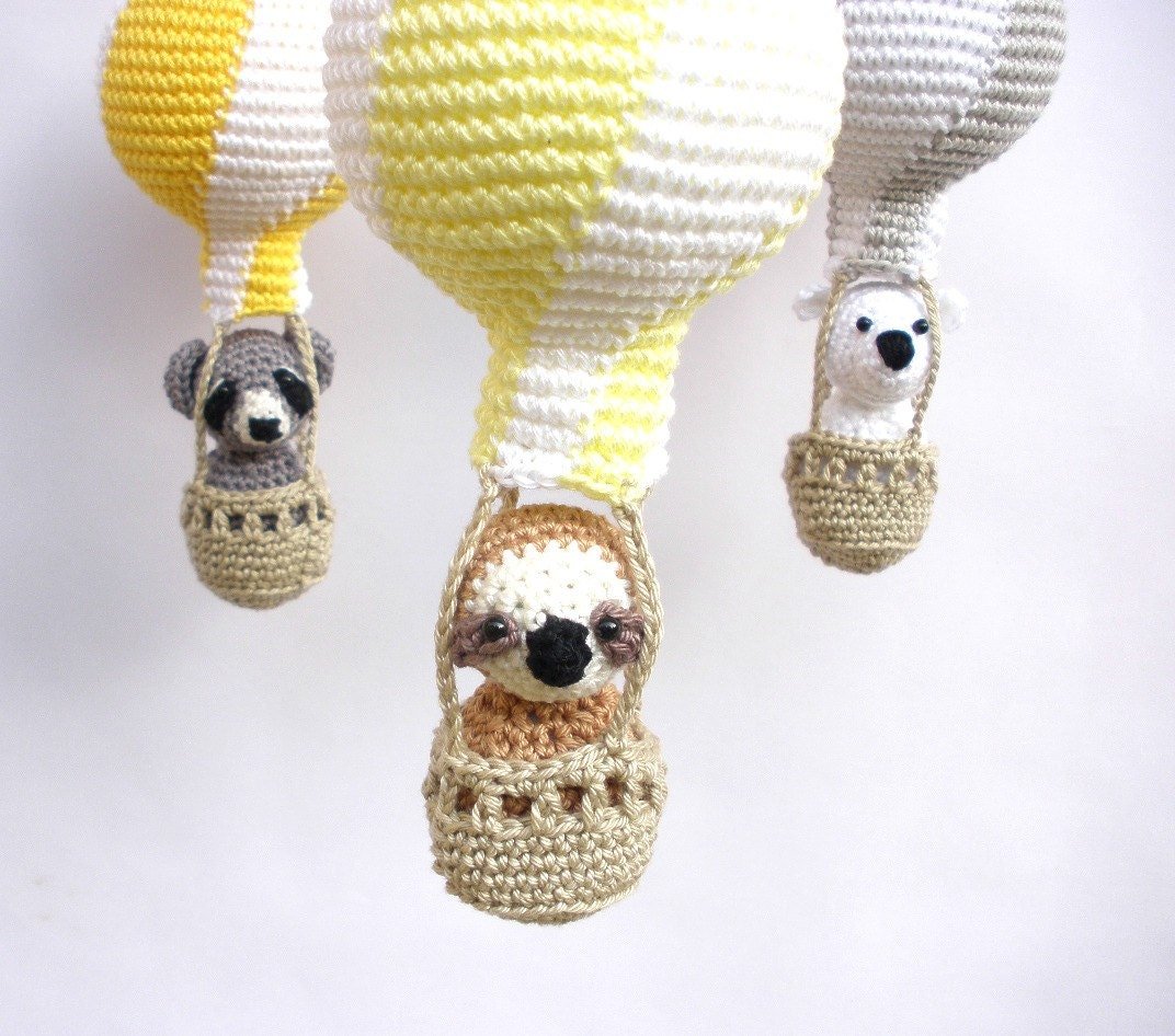 Yellow and gray hot air balloon baby mobile - Crochet on a tree