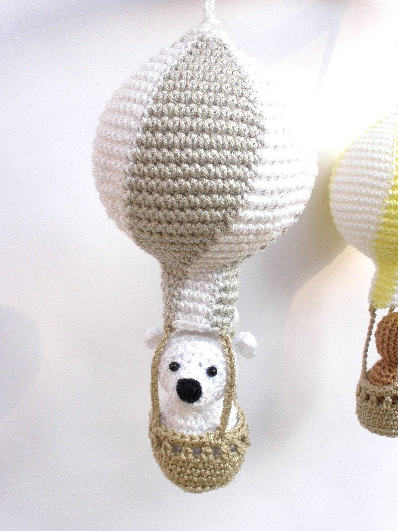 Yellow and gray hot air balloon baby mobile - Crochet on a tree