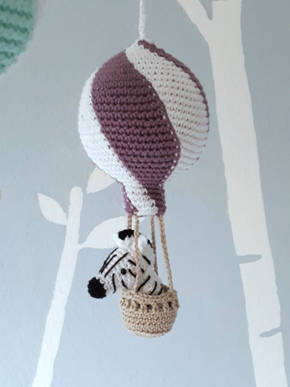 Hot air balloon mobile with crochet animals