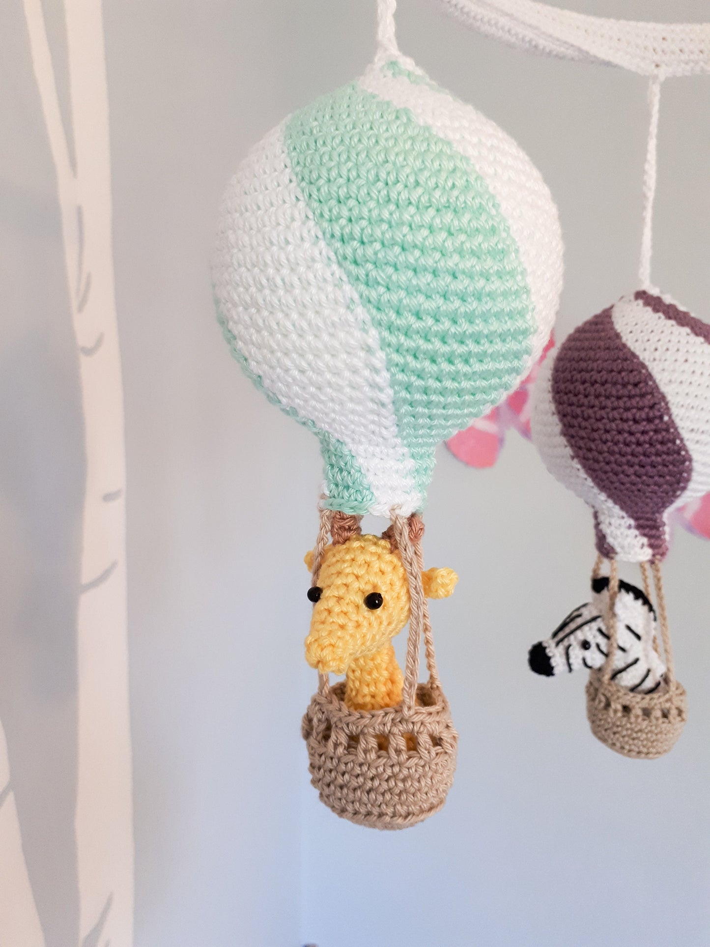 Hot air balloon mobile with crochet animals