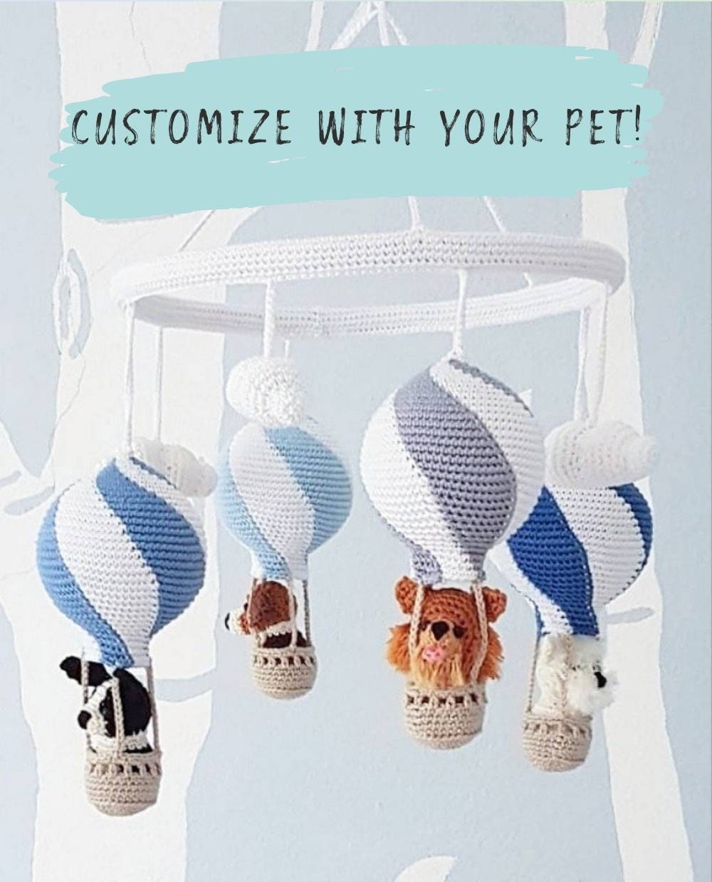 Custom pet hot air balloon baby mobile, personalized dog nursery decor