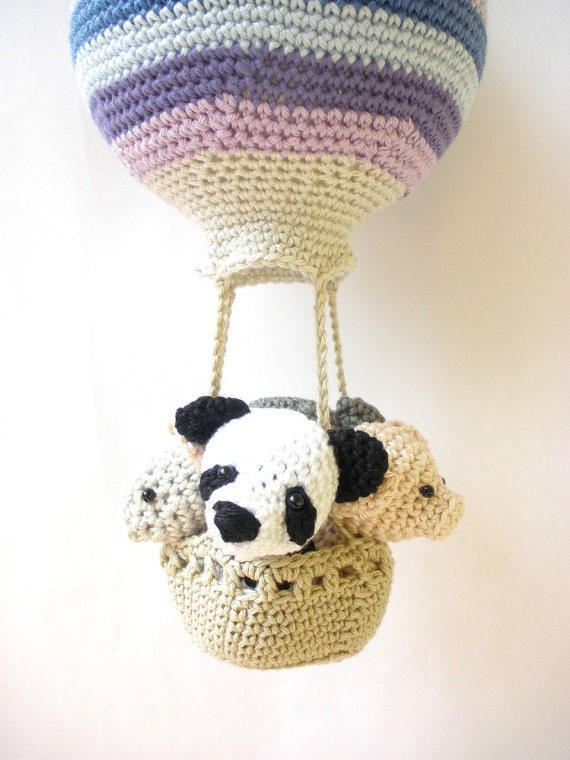 Hot air balloon decoration with crochet animals
